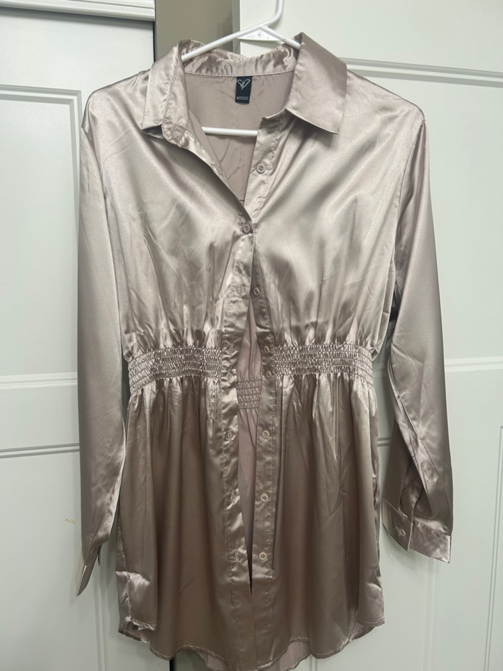 Windsor Satin Button-Down Blouse in Light Taupe